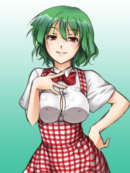 Rule 34 | 1girl, a utopia, apron, bow, bowtie, breasts, bursting breasts, cleavage, female focus, green hair, hand on another&#039;s chest, hand on own hip, hand on own chest, hip focus, hirase yuu, impossible clothes, kazami yuuka, kobeya uniform, large breasts, plaid, plaid apron, red eyes, short hair, smile, solo, touhou, waitress