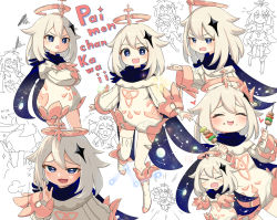 Rule 34 | &gt; &lt;, 1girl, @ @, blue eyes, character name, closed eyes, crossed arms, eating, english text, fairy, food, food on face, genshin impact, half-closed eyes, halo, happy, highres, long sleeves, open mouth, paimon (genshin impact), scarf, shiyoheee, single thighhigh, sky, smile, smug, solo, sparkle, star (sky), starry sky, thighhighs, wavy mouth, white hair