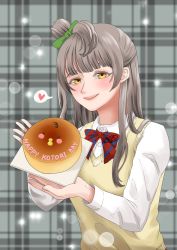 Rule 34 | 1girl, :3, artist name, artist request, blush, bow, bowtie, breasts, brown eyes, brown hair, cake, collared shirt, female focus, food, green bow, grey background, grey hair, hair bow, hair over shoulder, hair rings, heart, heart (symbol), highres, holding, holding plate, light brown hair, long hair, long sleeves, looking at viewer, love live!, love live! school idol project, medium breasts, minami kotori, otonokizaka school uniform, parted lips, plate, ponytail, red bow, school uniform, shirt, short sleeves, side ponytail, smile, solo, sparkle, striped, striped bow, sweater vest, upper body, vest, white shirt, yellow eyes, yellow vest