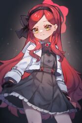 Rule 34 | 1girl, black dress, black gloves, black hairband, blue archive, blush, closed mouth, commentary, dress, frilled dress, frills, gloves, hairband, halo, highres, jacket, long hair, long sleeves, looking at viewer, miya (miyaruta), open clothes, open jacket, red hair, red halo, solo, takane (blue archive), white jacket, yellow eyes