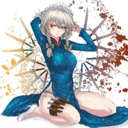 Rule 34 | 1girl, alternate costume, arms up, blue dress, braid, china dress, chinese clothes, dress, earrings, floral print, hair ribbon, hands in hair, heterochromia, high heels, holster, izayoi sakuya, jewelry, knife, long sleeves, maid headdress, no pants, panties, panzer (p.z), plant, ribbon, shoes, side-tie panties, side slit, sitting, solo, thigh holster, touhou, twin braids, underwear, vietnamese dress, vines, wariza