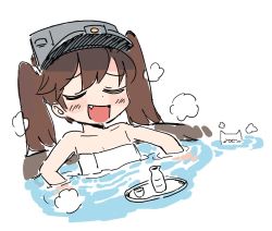 Rule 34 | 1girl, :d, blush stickers, brown hair, cat, choko (cup), closed eyes, cup, fang, kantai collection, lakilolom, long hair, naked towel, onsen, open mouth, partially submerged, ryuujou (kancolle), smile, solo, tokkuri, towel, tray, twintails, visor cap, water, white background