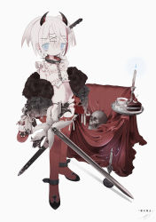 Rule 34 | 1girl, absurdres, armchair, black collar, black panties, blue eyes, blue fire, bone, boots, cake, cake slice, candle, candlestand, cellphone, cellphone charm, chain, chair, charm (object), chocolate cake, closed mouth, collar, commentary request, cropped shirt, cup, demon girl, demon horns, fire, flip phone, food, frilled shirt, frills, full body, fur-trimmed jacket, fur trim, gloves, hair ornament, hairclip, hand on own thigh, highres, holding, holding sword, holding weapon, horns, jacket, knife in head, long sleeves, looking at viewer, midriff, multicolored hair, nail polish, navel, object through head, off shoulder, open clothes, open jacket, original, outo eguchi, panties, phone, red footwear, red gloves, red nails, ribbon, scar, scar on leg, scar on neck, see-through, see-through gloves, sheath, shirt, short hair, signature, simple background, skull, sleeveless, sleeveless shirt, slit pupils, solo, sparkle, spiked collar, spikes, standing, streaked hair, string panties, sword, tea, teacup, thigh boots, translation request, tray, two side up, underwear, weapon, white background, white hair, white ribbon, white shirt