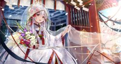 Rule 34 | 1girl, bride, commentary request, highres, japanese clothes, kimono, long hair, looking at viewer, natsume eri, original, red eyes, silver hair, solo, veil