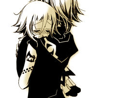 Rule 34 | 00s, 1boy, 1girl, androgynous, back, carrying, child, crona (soul eater), closed eyes, hair between eyes, hand on another&#039;s back, hand on shoulder, hood, lowres, medusa gorgon, monochrome, mother and child, sakurazawa izumi, sepia, shoes, short hair, sleeveless, soul eater, tattoo, tears, aged down