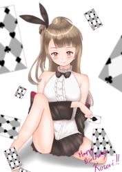Rule 34 | 1girl, absurdres, artist name, artist request, bare legs, bare shoulders, black skirt, blush, breasts, brown eyes, brown hair, caffeine2133, card, dress, elbow sleeves, female focus, floating, floating object, grey hair, highres, holding, holding card, kafein (caffeine2133), light brown hair, long hair, looking at viewer, love live!, love live! school idol project, medium breasts, minami kotori, parted lips, ponytail, shirt, short sleeves, side ponytail, skirt, smile, solo, white background, white shirt