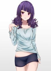 Rule 34 | 1girl, aqua shirt, black shorts, collarbone, commentary request, cowboy shot, diagonal bangs, gradient background, hair down, hand up, highres, idolmaster, idolmaster shiny colors, long hair, long sleeves, looking at viewer, midriff, parted lips, purple eyes, purple hair, ryouta (ryouta335), shirt, short shorts, shorts, solo, standing, tanaka mamimi