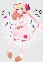 Rule 34 | 1girl, :&lt;, animal slippers, bad id, bad twitter id, bear slippers, blonde hair, bow, crystal, flandre scarlet, full body, grey background, hair bow, hat, highres, hugging object, long hair, long sleeves, mob cap, nightgown, one side up, pink hat, pink nightgown, red bow, red eyes, slippers, slit pupils, socks, solo, sparkle, stuffed animal, stuffed toy, teddy bear, touhou, white socks, wings, you (noanoamoemoe)