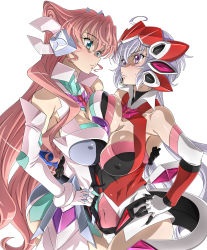 Rule 34 | 2girls, absurdres, asymmetrical docking, breast press, breasts, covered erect nipples, curvy, hands on own hips, highres, j.h., large breasts, looking at another, maria cadenzavna eve, multiple girls, pink hair, senki zesshou symphogear, silver hair, yukine chris