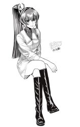 Rule 34 | 1girl, artist name, blush, boots, breasts, crossed legs, greyscale, hair intakes, highres, invisible chair, long hair, looking at viewer, medium breasts, mitsurugi meiya, monochrome, muv-luv, ponytail, popgun (22882502), shirt, simple background, sitting, skirt, smile, solo, very long hair, white background