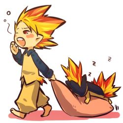 Rule 34 | 1990s (style), 1boy, barefoot, blush stickers, child, creatures (company), dragging, fiery hair, fire, game freak, gen 2 pokemon, hitec, male focus, moemon, nintendo, one eye closed, open mouth, orange hair, personification, pillow, pokemon, pokemon (creature), pokemon gsc, quilava, red eyes, retro artstyle, sleeping, tears, wink, yawning, zzz
