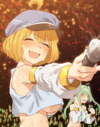 Rule 34 | 1girl, 2girls, ahoge, blonde hair, blue hat, blush, breasts, closed eyes, commentary, confetti, crop top, detached sleeves, fang, green hair, griffon (last origin), hair between eyes, hat, holding, holding microphone, ichihyaku nanajuu, large breasts, last origin, lindwurm (last origin), long hair, microphone, multiple girls, one eye closed, open mouth, short hair, solo, sweat, symbol-only commentary, twintails, underboob, upper body