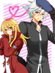 Rule 34 | 1boy, 1girl, arc system works, beret, black gloves, blazblue, blonde hair, cosplay, costume switch, gloves, green eyes, hat, heart, height difference, jacket, long hair, magariku, noel vermillion, oversized clothes, popped collar, ragna the bloodedge, red eyes, red jacket, short hair, silver hair, smile, spiked hair, hetero, sweatdrop