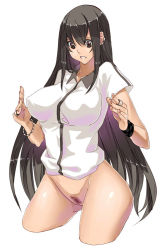 Rule 34 | 1girl, black hair, bottomless, bracelet, breasts, brown eyes, female pubic hair, jewelry, long hair, necklace, original, pubic hair, pussy, ring, school uniform, shirt, simple background, solo, uncensored, velzhe, very long hair, white background, wristband