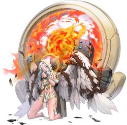 Rule 34 | 1girl, absurdres, angel wings, barefoot, breasts, bumcha, fire, full body, game cg, highres, hood, kneeling, large breasts, last origin, long hair, looking at viewer, navel, official art, open mouth, own hands clasped, own hands together, praying, purple eyes, ramiel (last origin), silver hair, solo, tachi-e, tears, transparent background, wavy hair, wings