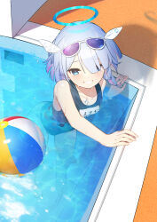 Rule 34 | 1girl, absurdres, akuto (akuto desu), alternate costume, arona (blue archive), ball, bare arms, bare shoulders, beachball, blue archive, blue eyes, blue hair, blue halo, blue one-piece swimsuit, blunt bangs, blush, braid, breasts, collarbone, commentary request, eyewear on head, from above, grin, hair over one eye, halo, highres, light blue hair, looking at viewer, old school swimsuit, one-piece swimsuit, open mouth, parted bangs, pool, purple-tinted eyewear, school swimsuit, short hair, single braid, small breasts, smile, solo, swimming, swimsuit, tinted eyewear, white-framed eyewear