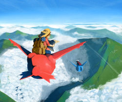 Rule 34 | 1boy, 1girl, above clouds, alternate costume, backpack, bag, blue pants, blue sky, brendan (pokemon), brown eyes, brown hair, cloud, creatures (company), day, flying, from behind, full body, game freak, gen 3 pokemon, hand up, happy, hat, holding, holding map, latias, latios, legendary pokemon, looking back, map, matching hair/eyes, may (pokemon), medium hair, mountain, mountainous horizon, nintendo, open mouth, outdoors, pants, plaid, plaid shirt, pokemon, pokemon (creature), pokemon rse, red shirt, riding, shirt, silhouette, sitting, sky, smile, taillow, uroko (rwde4544), yellow headwear