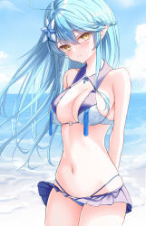 Rule 34 | 1girl, ahoge, arms behind back, bare arms, bare shoulders, beach, bikini, bikini skirt, blue hair, blue sky, blush, breasts, closed mouth, clothes lift, cloud, cloudy sky, cowboy shot, day, floating hair, flower, hair between eyes, hair flower, hair ornament, heart, heart ahoge, highleg, highleg bikini, highres, hololive, large breasts, lis 111, looking at viewer, miniskirt, navel, o-ring, o-ring bikini, ocean, outdoors, pleated skirt, pointy ears, sidelocks, skindentation, skirt, skirt lift, sky, solo, standing, stomach, sunlight, swimsuit, virtual youtuber, wind, wind lift, yellow eyes, yukihana lamy