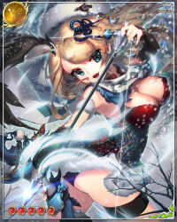 Rule 34 | 1girl, ass, bad id, bad pixiv id, bird, blonde hair, blue eyes, blue n, bow (weapon), breasts, cleavage, fang, female focus, hair ornament, large breasts, long hair, magic, open mouth, original, panties, smile, solo, tenkuu no crystalia, thigh strap, thighs, underwear, weapon