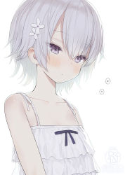 Rule 34 | 1girl, :o, bare shoulders, black bow, blush, bow, capriccio, collarbone, commentary request, dress, flower, grey eyes, grey hair, hair between eyes, hair flower, hair ornament, original, parted lips, short hair, simple background, sleeveless, sleeveless dress, solo, translation request, upper body, white background, white dress, white flower