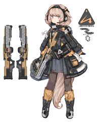 Rule 34 | 1girl, absurdres, animal ears, blue eyes, brown hair, character sheet, commentary, fox ears, full body, gloves, gun, headset, highres, jacket, load bearing equipment, original, pantyhose, pouch, puremage, science fiction, short hair, solo, tail, weapon, white background