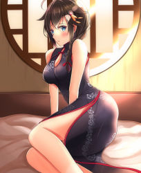 Rule 34 | 1girl, ahoge, alternate costume, bare shoulders, black hair, blue eyes, blush, braid, breasts, china dress, chinese clothes, cleavage, commentary request, dress, from side, hair flaps, hair ornament, hair over shoulder, highres, kantai collection, looking at viewer, medium breasts, shigure (kancolle), shigure kai ni (kancolle), single braid, sitting, solo, thighs, toyomi 13