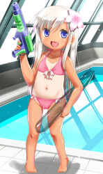 Rule 34 | 10s, 1girl, :3, :d, barefoot, bikini, blue eyes, child, fang, flat chest, flower, hair flower, hair ornament, kantai collection, long hair, looking at viewer, navel, one-piece tan, open mouth, pool, rei no pool, ro-500 (kancolle), silver hair, smile, solo, swimsuit, takase yuu, tan, tanline, tile floor, tiles, torpedo, water gun, window
