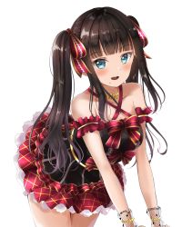 Rule 34 | 1girl, :d, absurdres, bare shoulders, black hair, black shirt, blue eyes, blunt bangs, blush, bow, breasts, collarbone, commentary request, criss-cross halter, hair bow, halterneck, highres, kurosawa dia, leaning forward, long hair, looking at viewer, love live!, love live! school idol festival, love live! sunshine!!, medium breasts, mole, mole under mouth, open mouth, pleated skirt, red bow, red skirt, shirt, simple background, sin (sin52y), skirt, smile, solo, standing, striped, striped bow, teeth, twintails, upper teeth only, very long hair, white background, wrist cuffs