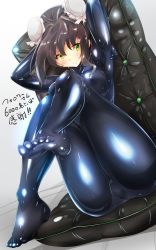 Rule 34 | 1girl, arms up, black hair, blush, bodysuit, breasts, bun cover, cameltoe, closed mouth, commentary request, covered erect nipples, crotch, double bun, fate/grand order, fate (series), green eyes, hair bun, highres, knee up, latex, latex bodysuit, medium breasts, qin liangyu (fate), sidelocks, simple background, sitting, skin tight, smile, solo, taut clothes, thighs, toyono kitsune