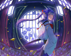 1boy architecture bellflower chinese_bellflower confetti east_asian_architecture ensemble_stars! fisheye floating_hair floral_print floral_print_kimono flower flower_hairpin from_side frown fur_trim hair_between_eyes hair_intakes hakama highres holding holding_sword holding_weapon indoors japanese_clothes kanzaki_souma katana kimono long_hair long_sleeves looking_at_viewer male_focus motoyui obi official_alternate_costume ponytail purple_eyes purple_hair red_sash round_window sash scabbard sheath sidelocks solo sword turning_head user_pmpg4373 v-shaped_eyebrows very_long_hair weapon white_kimono window