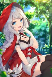 Rule 34 | 1girl, :d, between legs, black thighhighs, blue eyes, blue sky, blurry, braid, braided ponytail, breasts, cleavage, cloak, cloud, day, depth of field, detached sleeves, dress, fang, fate/grand order, fate (series), forest, hand to own mouth, hand up, heroic spirit festival outfit, highres, hood, light rays, long hair, looking at viewer, marie antoinette (fate), marie antoinette (festival outfit) (fate), medium breasts, mishuo (misuo69421), nature, official alternate costume, open mouth, outdoors, red cloak, red dress, silver hair, single braid, sitting, skin fang, sky, smile, solo, sunbeam, sunlight, thighhighs, tree, very long hair, zettai ryouiki
