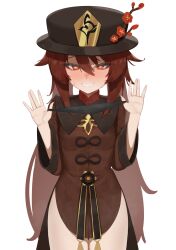 Rule 34 | 1girl, black hat, black panties, blush, brown coat, brown hair, chinese clothes, clenched teeth, coat, coattails, commentary request, cowboy shot, flasso, flower, flower-shaped pupils, genshin impact, grin, hands up, hat, hat flower, highres, holding, holding clothes, holding panties, holding underwear, hu tao (genshin impact), looking at viewer, no pants, nose blush, open mouth, panties, plum blossoms, porkpie hat, presenting removed panties, red eyes, sidelocks, simple background, smile, solo, straight-on, sweatdrop, symbol-shaped pupils, teeth, twintails, underwear, white background