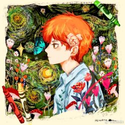 Rule 34 | 1boy, blue shirt, border, bug, butterfly, butterfly on nose, chinese commentary, collared shirt, commentary request, crayon, crayon (medium), faux traditional media, flower, from side, haikyuu!!, hair flower, hair ornament, heart, hinata shouyou, insect, light smile, male focus, mushroom, orange eyes, orange hair, parted lips, pink flower, pink rose, rose, shirt, short hair, solo, sparkle, traditional media, tulip, tuuuuuututu, upper body, weibo logo, weibo watermark, yellow border
