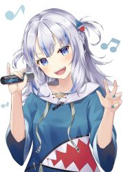 Rule 34 | 1girl, :d, bad id, bad pixiv id, beamed eighth notes, blue eyes, blue hair, blue hoodie, blue nails, commentary, drawstring, eighth note, gawr gura, gawr gura (1st costume), grey hair, hair ornament, hands up, head tilt, highres, holding, holding microphone, hololive, hololive english, hood, hood down, hoodie, hyonee, long hair, looking at viewer, microphone, multicolored hair, musical note, nail polish, open mouth, shark hair ornament, sharp teeth, short sleeves, smile, solo, streaked hair, teeth, two side up, virtual youtuber, wide sleeves