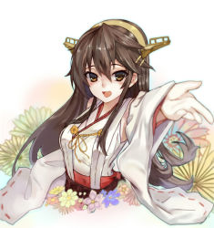 Rule 34 | 10s, 1girl, alternate hair color, blurry, brown eyes, brown hair, depth of field, ganida boushoku, hair ornament, hairband, hairclip, haruna (kancolle), headgear, highres, japanese clothes, kantai collection, long hair, nontraditional miko, open mouth, revision, smile, solo