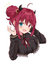 Rule 34 | 1girl, absurdres, ahoge, alternate hairstyle, blue eyes, blush, crescent, crescent hair ornament, cropped torso, fang, fujimaki nora, hair bun, hair ornament, heterochromia, highres, horns, long sleeves, looking at viewer, nijisanji, open mouth, red eyes, red hair, red neckwear, sidelocks, simple background, single hair bun, skin fang, solo, virtual youtuber, white background, yuzuki roa