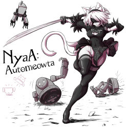 Rule 34 | 1girl, android (os), animal ears, bisected, black legwear, breast cutout, breasts, cat ears, cat tail, cleavage, cleavage cutout, clothing cutout, dress, gloves, katana, kemonomimi mode, mazume, nier (series), nier:automata, pod (nier:automata), robot, smile, sword, tail, weapon, 2b (nier:automata)