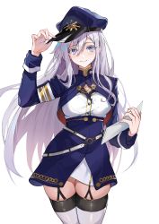 Rule 34 | 1girl, 86 -eightysix-, absurdres, belt, blue eyes, blue jacket, blue skirt, breasts, closed mouth, cowboy shot, cropped jacket, garter straps, hand on headwear, hat, highres, holding, holding paper, jacket, long hair, looking at viewer, military, military hat, military jacket, military uniform, o-ring, o-ring belt, paper, paradox (parapa), peaked cap, shirt, silver hair, skindentation, skirt, smile, solo, thighhighs, uniform, vladilena millize, white belt, white shirt, white thighhighs