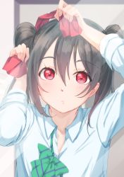 Rule 34 | 1girl, :&lt;, absurdres, adjusting hair, black hair, blush, bow, bowtie, collarbone, dress shirt, dressing, green bow, green bowtie, hair between eyes, hair ribbon, highres, kobayashi nyoromichi, looking at viewer, love live!, love live! school idol project, red eyes, red ribbon, reflection, ribbon, shirt, sidelocks, solo, striped bow, striped bowtie, striped clothes, striped neckwear, twintails, upper body, white shirt, yazawa nico