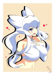 Rule 34 | 10s, 1girl, absurdres, bad id, bad pixiv id, bare shoulders, blue eyes, breasts, bridal gauntlets, creatures (company), dated, elbow gloves, game freak, gen 5 pokemon, gloves, highres, humanization, kagiyama (clave), large breasts, legendary pokemon, looking at viewer, midriff, nintendo, open mouth, partially fingerless gloves, personification, pokemon, pokemon bw, reshiram, smile, solo, white gloves, white hair