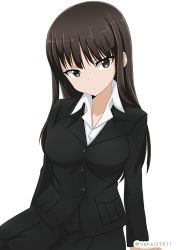 Rule 34 | 10s, 1girl, arm support, black eyes, black hair, black jacket, black pants, blunt bangs, breasts, closed mouth, collared shirt, commentary request, formal, girls und panzer, jacket, leaning to the side, light frown, long hair, long sleeves, looking at viewer, mature female, medium breasts, nishizumi shiho, one-hour drawing challenge, pant suit, pants, shibagami, shirt, simple background, sitting, solo, straight hair, suit, twitter username, white background, white shirt