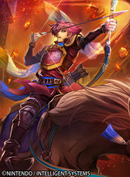 Rule 34 | 1boy, armor, arrow (projectile), boots, bow (weapon), copyright name, drawing bow, fire, fire emblem, fire emblem: mystery of the emblem, fire emblem cipher, hair over one eye, holding bow (weapon), horse, male focus, nekobayashi, nintendo, official art, open mouth, pink hair, purple eyes, quiver, solo, weapon, wolf (fire emblem)