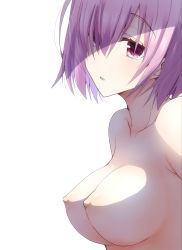 Rule 34 | 1girl, breasts, fate (series), from side, hair over one eye, highres, looking at viewer, mash kyrielight, medium breasts, nipples, nude, purple eyes, purple hair, raised eyebrows, rikudou inuhiko, shaded face, short hair, solo, upper body, white background