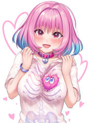 Rule 34 | 1girl, :d, blue hair, blush, bob cut, bracelet, breasts, collar, collarbone, colored tips, eyes visible through hair, fang, hair between eyes, hands up, head tilt, heart, heart on chest, idolmaster, idolmaster cinderella girls, jewelry, keyhole, looking at viewer, medium breasts, medium hair, multicolored hair, nhaliz, open mouth, pink collar, pink eyes, pink hair, ring, shirt, short sleeves, simple background, smile, solo, t-shirt, two-tone hair, upper body, white background, white shirt, yumemi riamu