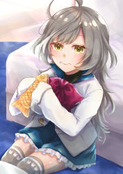 Rule 34 | 1girl, absurdres, ahoge, animal print, assault lily, bed, black shirt, blue skirt, blush, bow, bowtie, buttons, carpet, closed mouth, collared shirt, commentary request, eating, feet out of frame, food, food on face, frilled skirt, frills, grey hair, grey thighhighs, hands up, herensuge girls academy school uniform, highres, holding, holding food, indoors, jacket, long hair, long sleeves, looking at viewer, miniskirt, multicolored hair, on floor, oversized clothes, pink bow, pink bowtie, print thighhighs, rabbit print, sasaki ran, school uniform, shirt, sitting, skirt, sleeves past fingers, sleeves past wrists, smile, solo, streaked hair, table, taiyaki, thighhighs, tile floor, tiles, wagashi, wavy hair, white jacket, yellow eyes, yozakurayuyu, zettai ryouiki