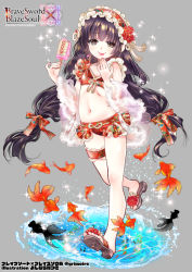 Rule 34 | 1girl, bikini, black hair, bow, brave sword x blaze soul, copyright name, feet, fish, flower, food, full body, goldfish, grey background, hair bow, hair flower, hair ornament, hairband, hand up, long hair, navel, official art, popsicle, puddle, red bikini, red bow, red flower, rin (ringer), sandals, solo, standing, swimsuit, thigh strap, tongue, tongue out, very long hair, watermark