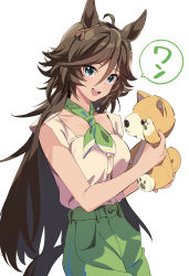 Rule 34 | 1girl, ahoge, animal ears, bare arms, breasts, brown hair, buttons, green eyes, green neckerchief, green pants, hair between eyes, hair ornament, hairclip, holding, holding stuffed toy, horse ears, horse girl, horse tail, long hair, looking at viewer, misu kasumi, mr. c.b. (umamusume), neckerchief, open mouth, pants, shirt, shirt tucked in, simple background, sleeveless, sleeveless shirt, small breasts, smile, solo, speech bubble, stuffed animal, stuffed dog, stuffed toy, tail, translation request, umamusume, upper body, white background