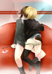 Rule 34 | 2girls, ass, ass grab, bad proportions, bai lao shu, black thighhighs, blonde hair, brown hair, butt crack, couch, couple, erica hartmann, food, from behind, fruit, gertrud barkhorn, hand on own ass, highres, kiss, multiple girls, necktie, panties, short hair, sitting, socks, spoon, strawberry, strike witches, thighhighs, underwear, undone necktie, world witches series, yuri