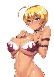 Rule 34 | 10s, 1girl, armband, bikini, bikini top only, blonde hair, blue eyes, blush, breasts, cleavage, closed mouth, collar, collarbone, colored eyelashes, covered erect nipples, dark-skinned female, dark skin, eyebrows, frown, fuya (tempupupu), hands on own chest, large breasts, looking down, mito ikumi, navel, out-of-frame censoring, shokugeki no souma, short hair, skindentation, stomach, sweatdrop, swimsuit, upper body, wristband