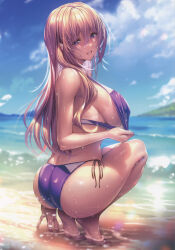 Rule 34 | 1girl, absurdres, ass, bikini, blonde hair, blue eyes, blue sky, breasts, cloud, cloudy sky, day, full body, hanikami kanojo, highres, kurumi shinoha, long hair, looking at viewer, looking back, medium breasts, mole, mole under mouth, ocean, outdoors, parted lips, piromizu, pulled by self, scan, shiny skin, shore, side-tie bikini bottom, sideboob, simple background, sky, solo, squatting, swimsuit, tan, tanline, thighs, water